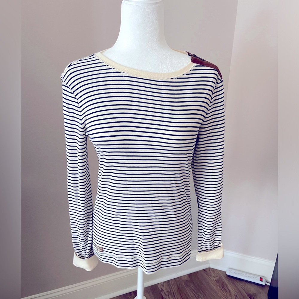 Lauren Navy and Cream Striped Top w/faux suede patch elbows , size M